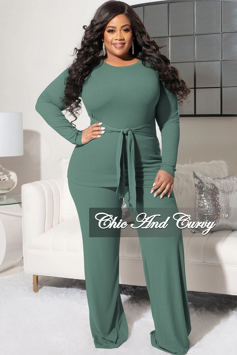Comfortable Look Wear Odor Control Technology Final Sale Plus Size 2pc Ribbed Long Sleeve Top and Pants Set in Sage