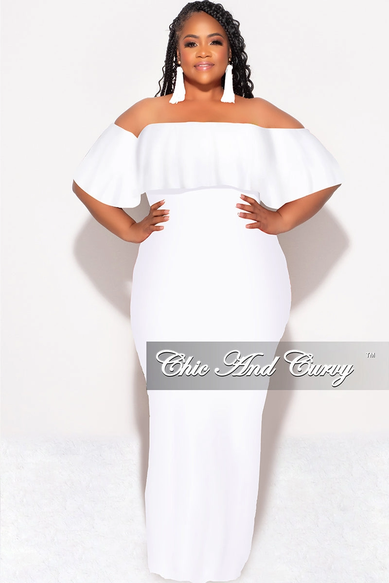 Stretch Layer Fit Final Sale Plus Size Off the Shoulder Ruffle Overlay Maxi Gown in White