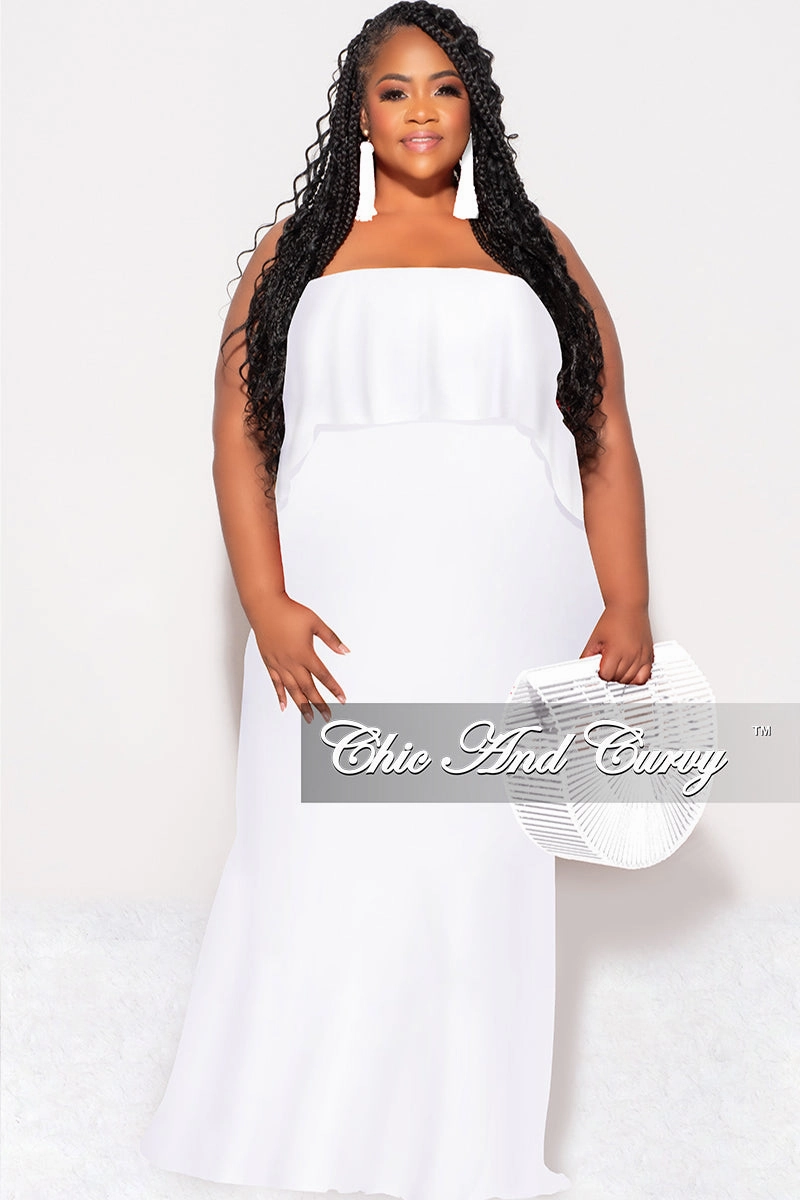 Roll-up style TaglessDesign Final Sale Plus Size Off the Shoulder Ruffle Overlay Maxi Gown in White