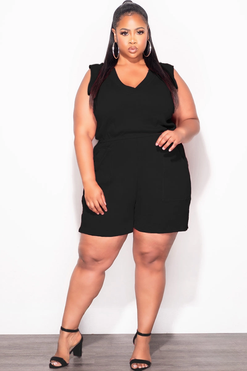 Chill Comfort Stay Flexible Final Sale Plus Size Sleeveless French Terry V Neck Romper in Black