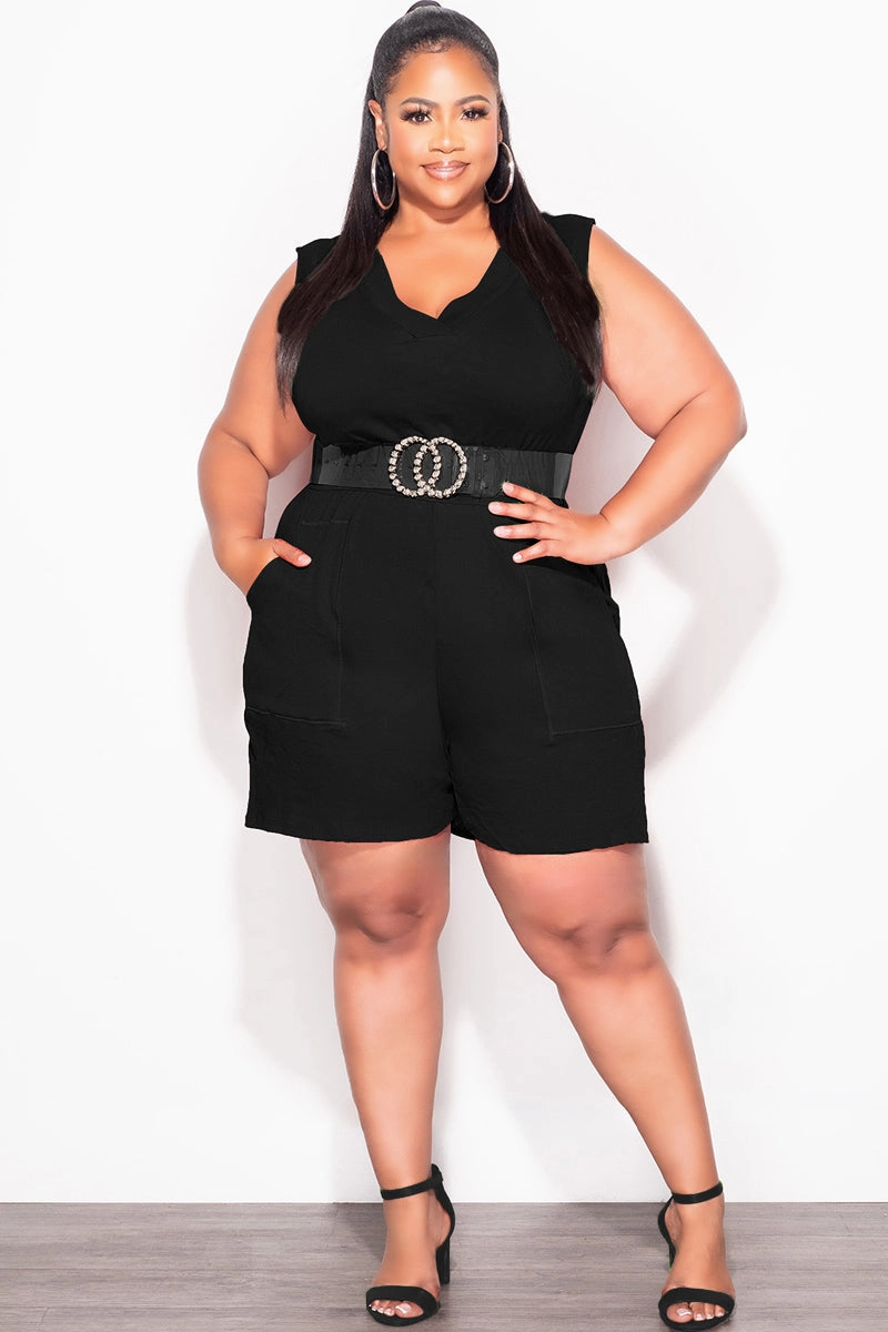 Casual Performance Wear Final Sale Plus Size Sleeveless French Terry V Neck Romper in Black