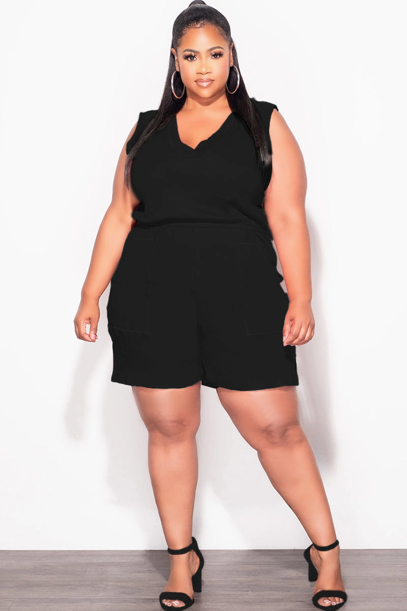 Final Sale Plus Size Sleeveless French Terry V Neck Romper in Black Structured Hemline