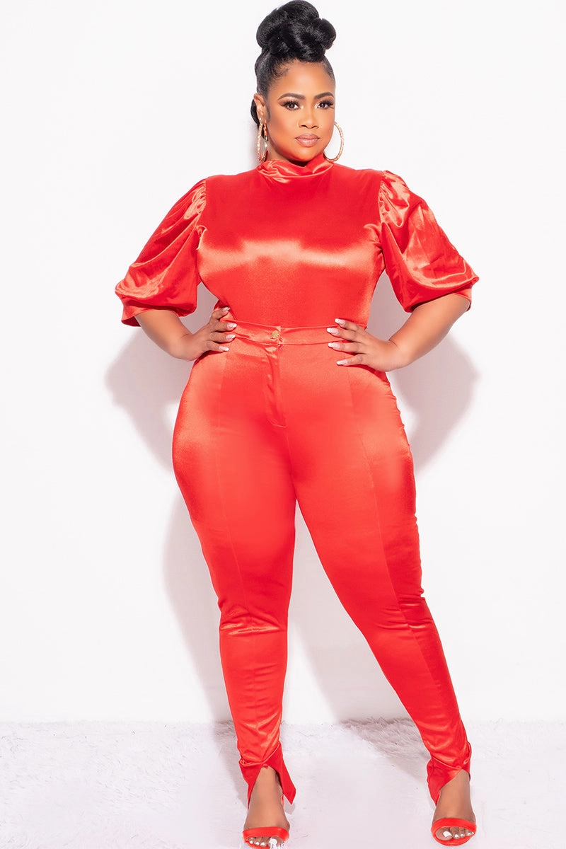 Final Sale Plus Size 2pc Satin Puffy Short Sleeve Bodysuit and Pants Set in Red Body Fit Snag Proof Fabric