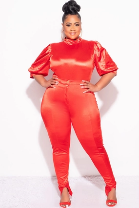 Final Sale Plus Size 2pc Satin Puffy Short Sleeve Bodysuit and Pants Set in Red Snag Proof Fabric