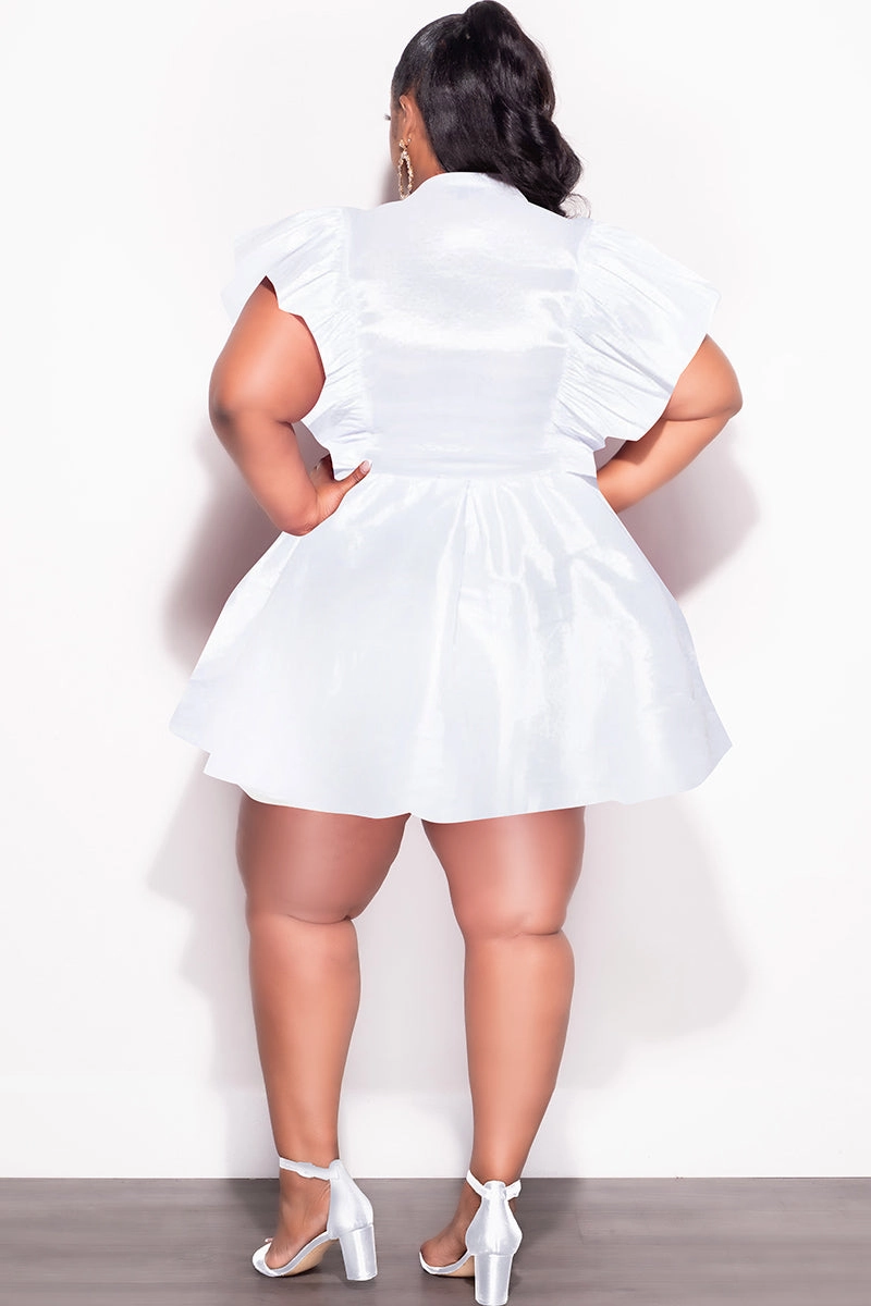 Final Sale Plus Size Ruffle Trim Wrap Babydoll Bubble Dress in White Comfortable Layering Chilly Layering