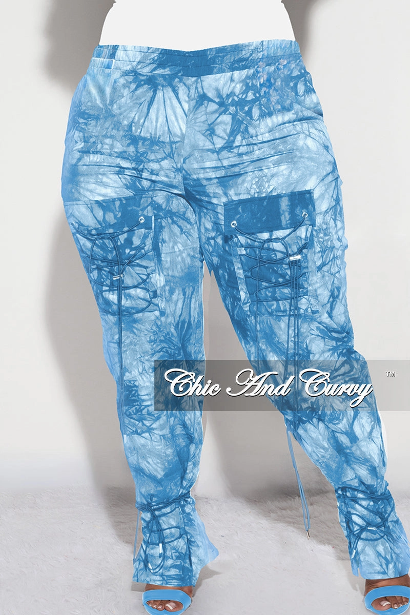 Final Sale Plus Size Cargo Joggers in Blue Tie Dye Comfortable Style Reflective Trim