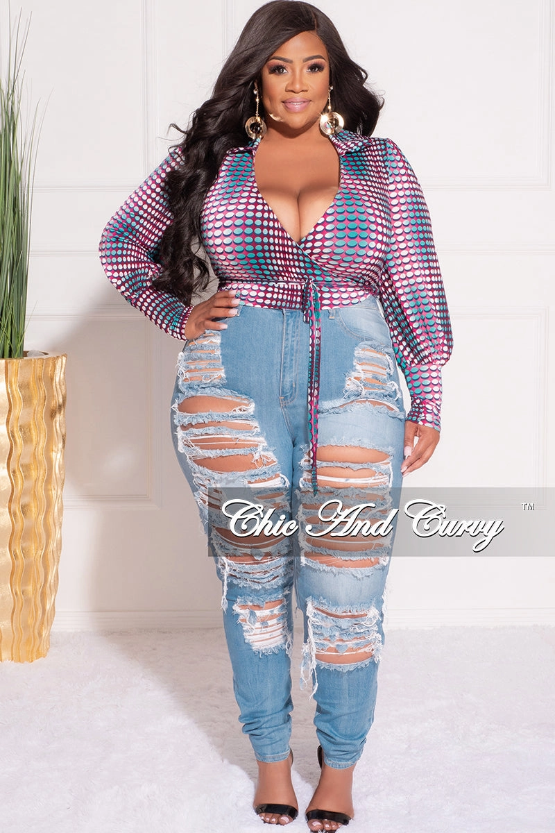 Final Sale Plus Size Collar Faux Wrap Crop Tie Top in Multi Color Polka Dot Print Relaxed Cut LowProfileStitching