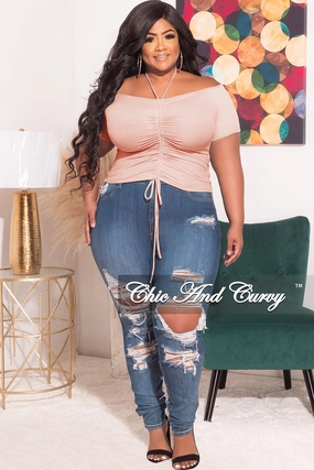 Final Sale Plus Size Ribbed Ruched Drawstring Crop Top in Soft Pink Smart Design