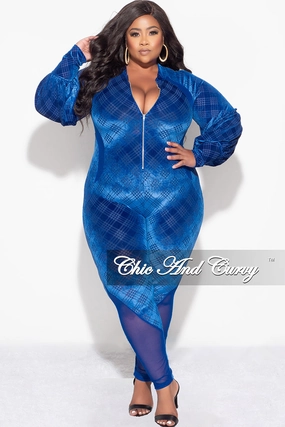Final Sale Plus Size Velvet Mesh Contrast Zip-Up Jumpsuit in Royal Blue Ultra Soft Blend