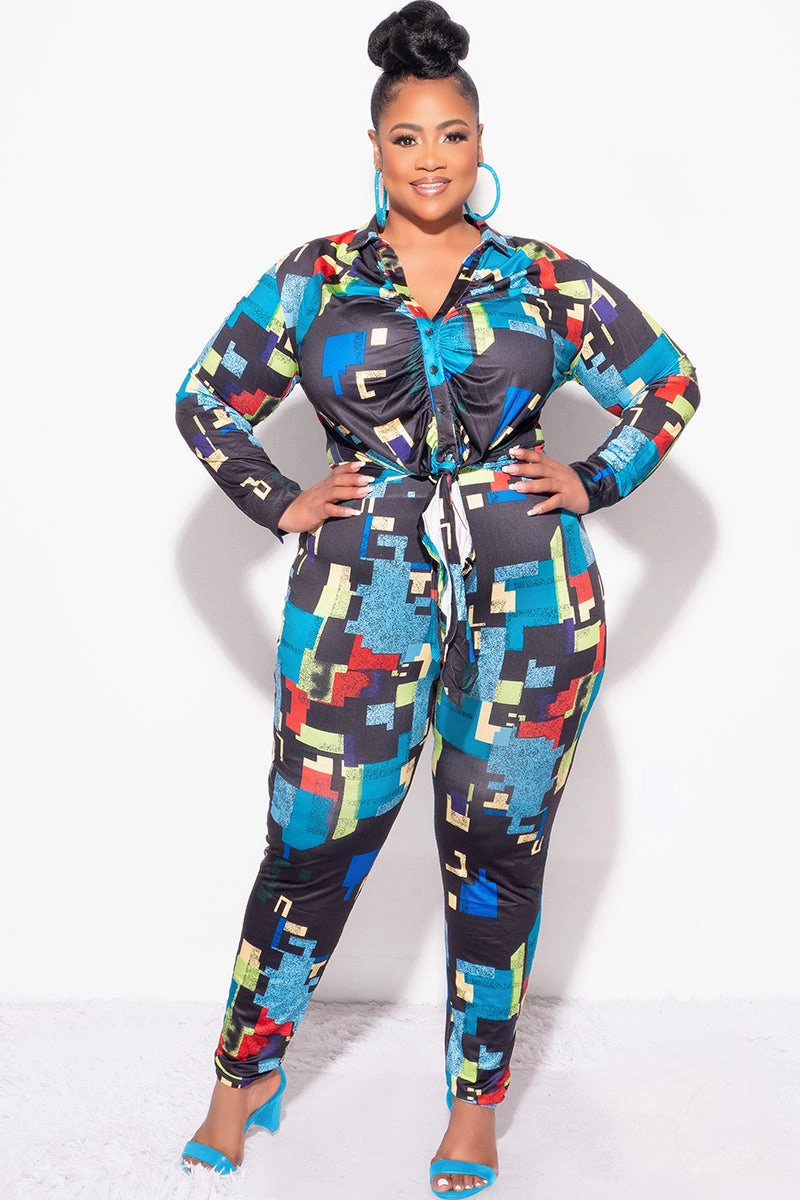 Bonded Seam Technology Effortless Look Final Sale Plus Size 2pc Button Up Collar Top and Pants Set in Black Multi-Color Print