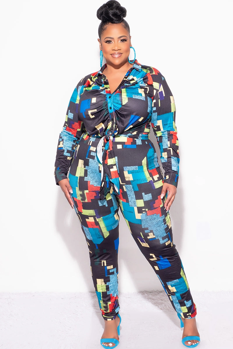 Final Sale Plus Size 2pc Button Up Collar Top and Pants Set in Black Multi-Color Print Daily Motion