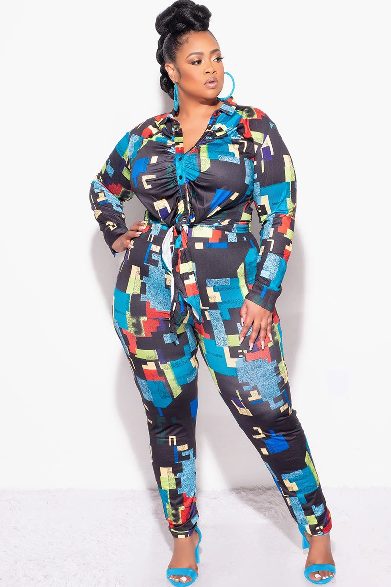 Final Sale Plus Size 2pc Button Up Collar Top and Pants Set in Black Multi-Color Print SecureClosures