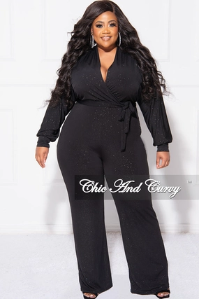 Stay Cool Final Sale Plus Size Faux Wrap Jumpsuit with Tie in Black Glitter