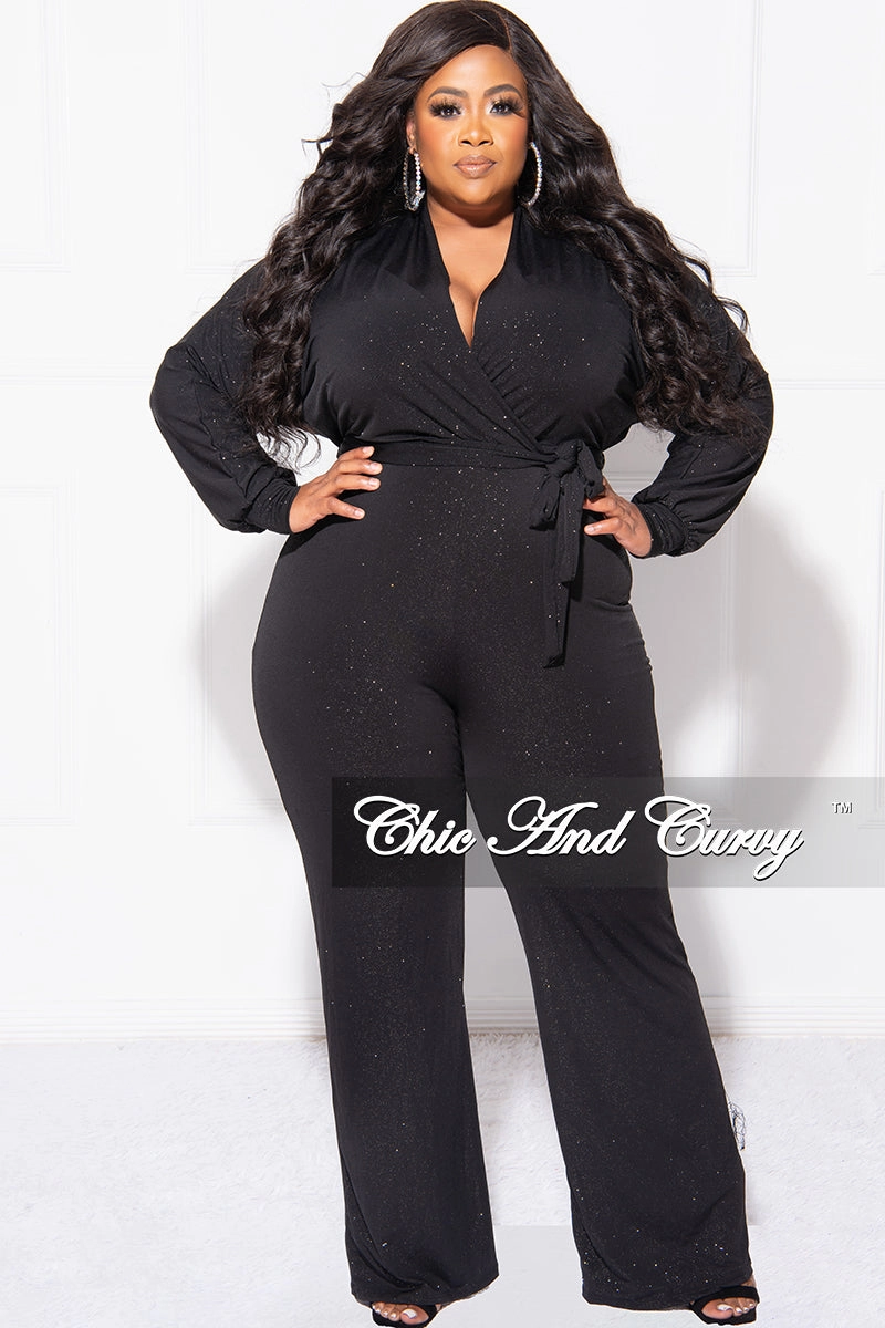 Final Sale Plus Size Faux Wrap Jumpsuit with Tie in Black Glitter Non Binding Cuffs