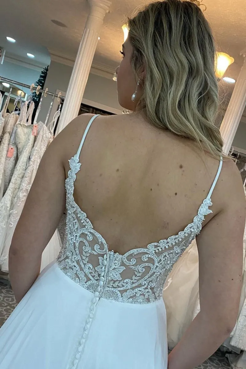 Adele | A-Line Spaghetti Straps White Long Wedding Dress with Beading