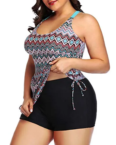 Adjustable Shoulder Straps Tankini Swimsuit Shorts-Black Tribal