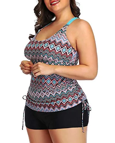 Adjustable Shoulder Straps Tankini Swimsuit Shorts-Black Tribal