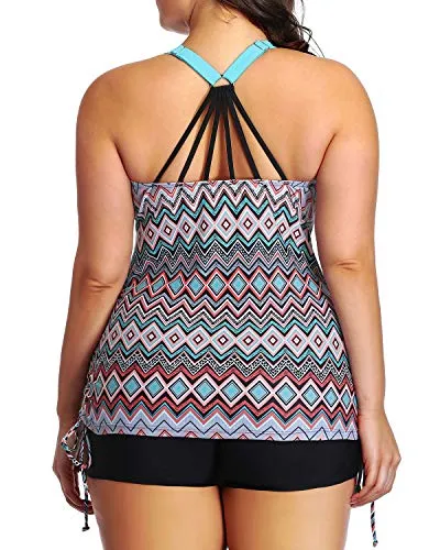 Adjustable Shoulder Straps Tankini Swimsuit Shorts-Black Tribal