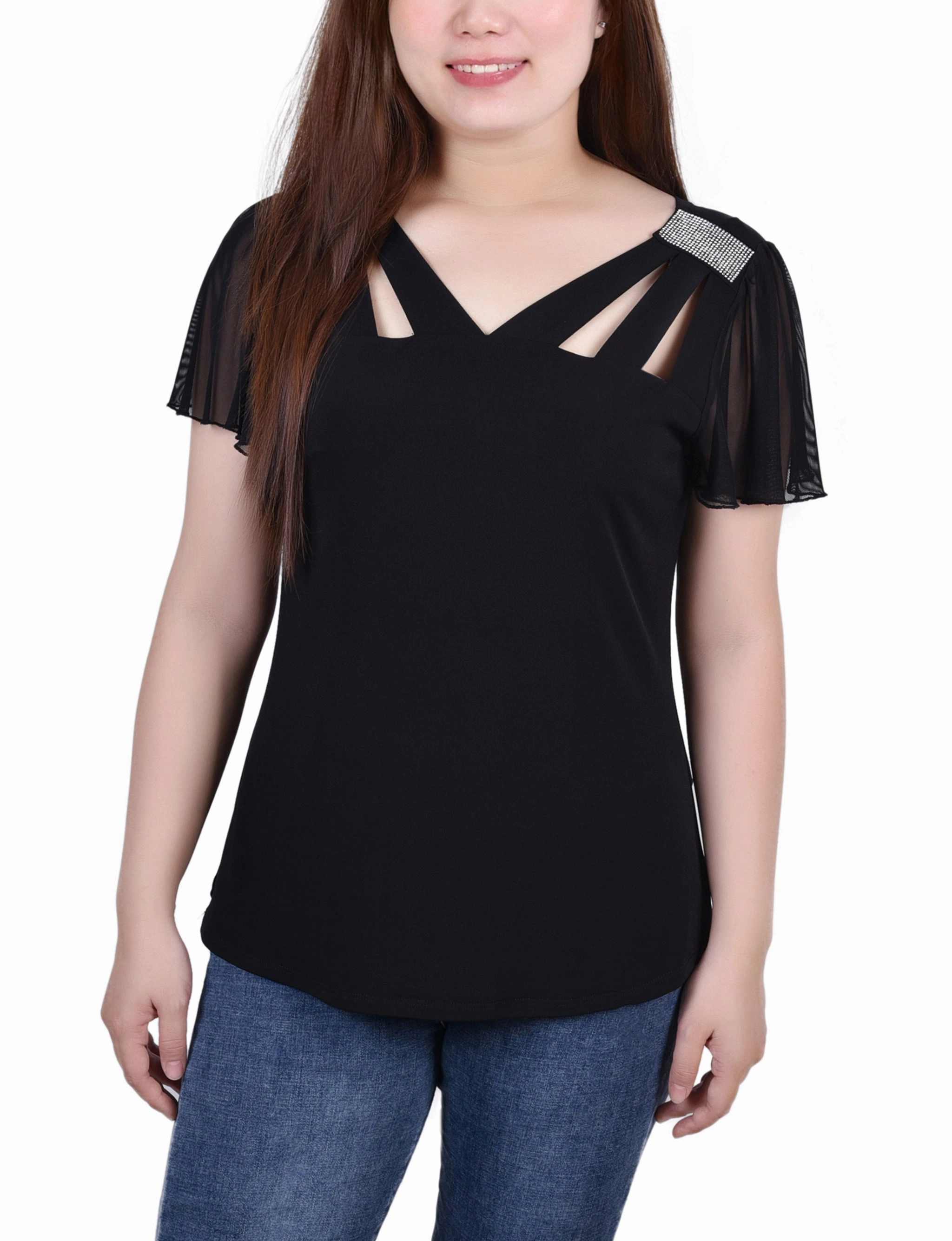Short Flutter Sleeve Top With Cutouts and Stones CompactSize