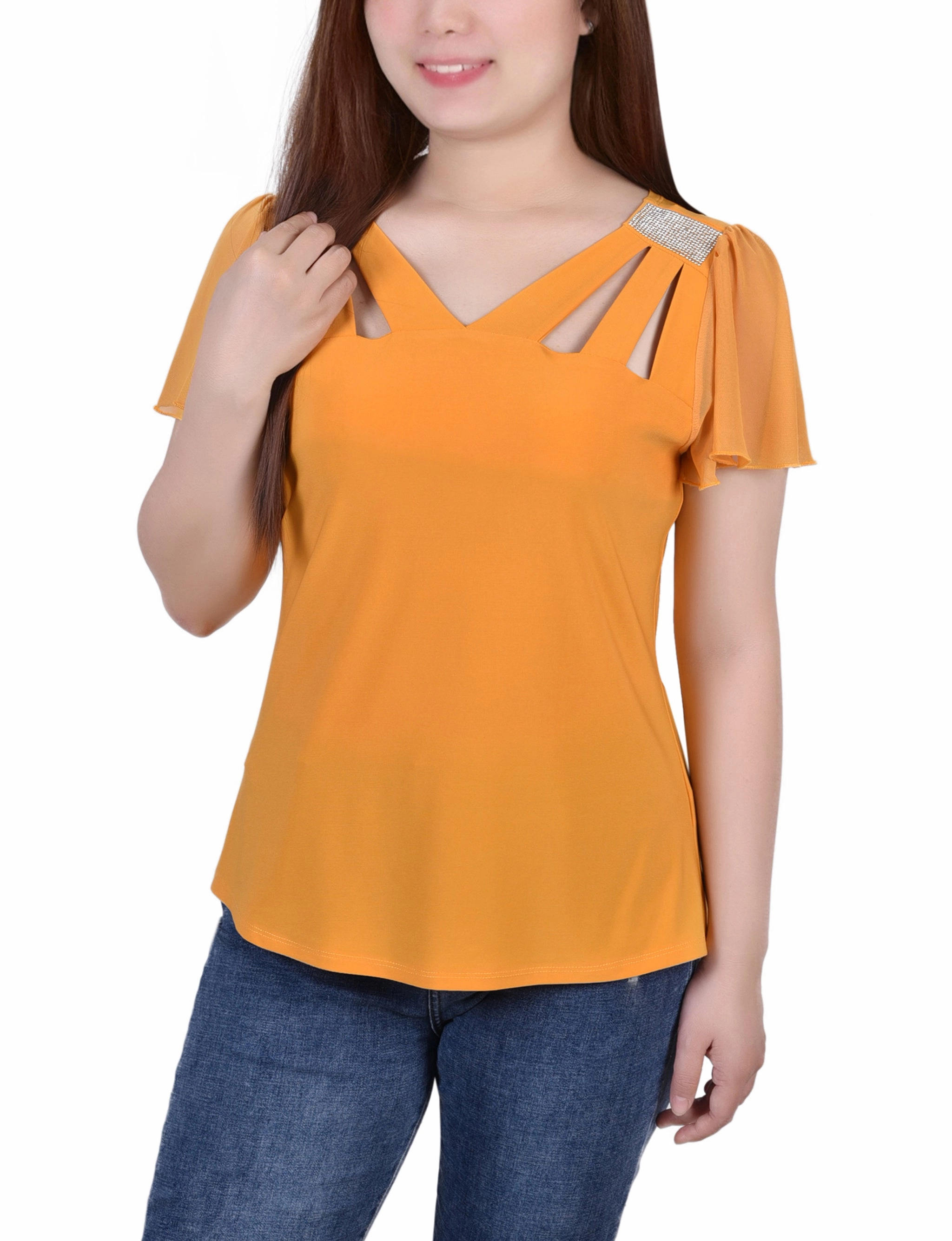 Short Flutter Sleeve Top With Cutouts and Stones Tapered Side Panels High Collar Design