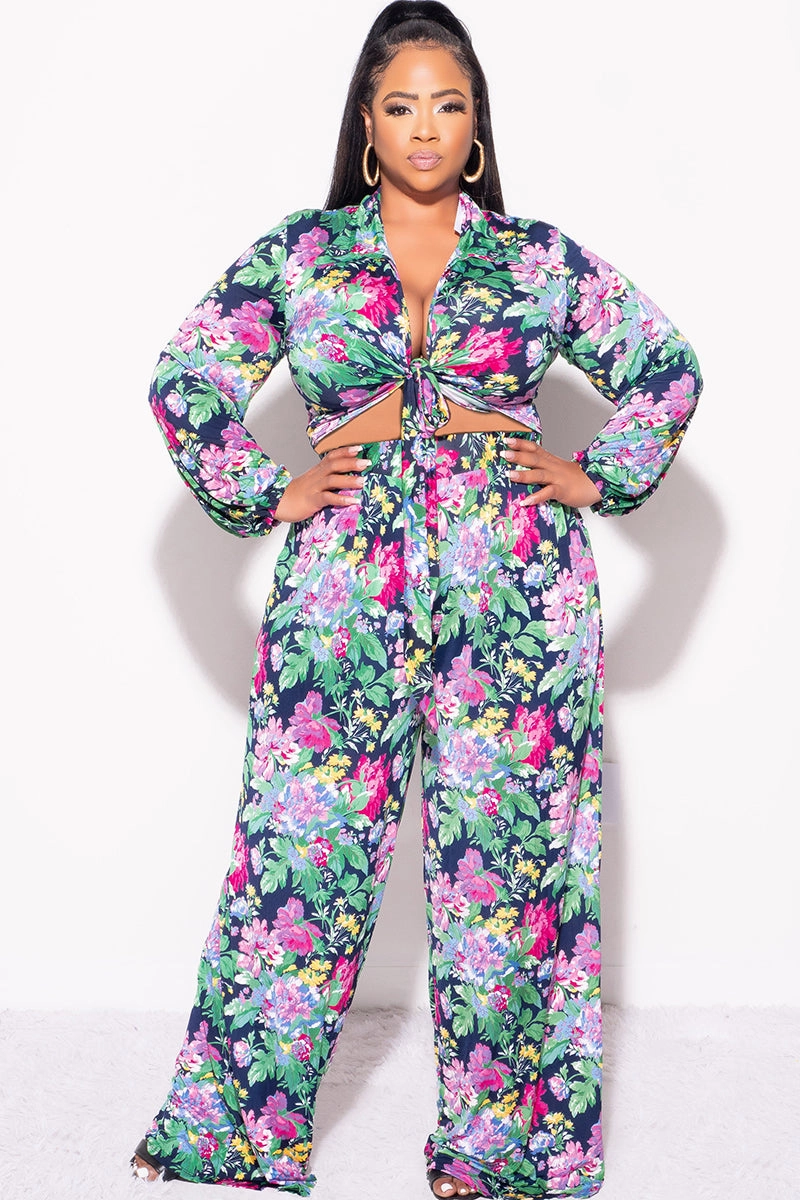 Final Sale Plus Size 2pc Collar Crop Faux Wrap Tie Top and Pants Set in Floral Multi Color Print Cozy Touch Moisture Wicking Fabric