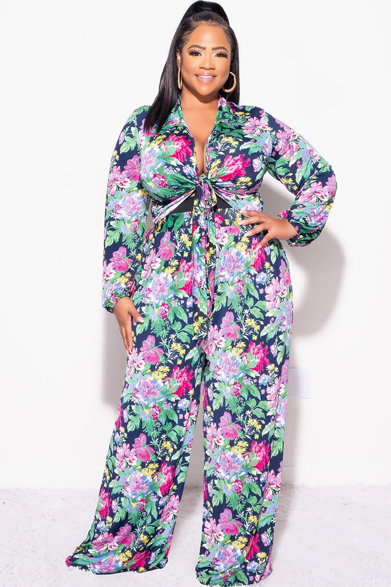 SustainableManufacturing Final Sale Plus Size 2pc Collar Crop Faux Wrap Tie Top and Pants Set in Floral Multi Color Print