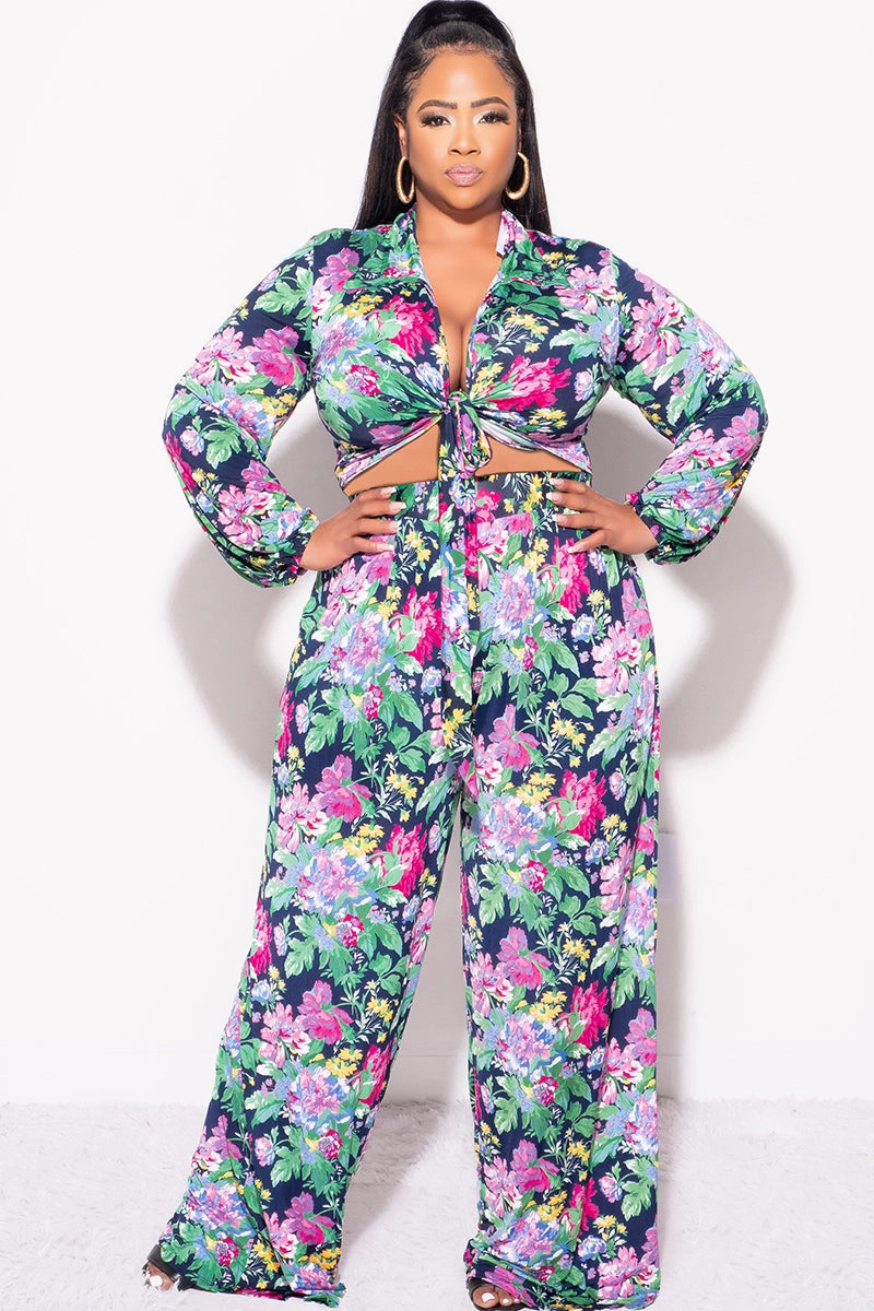 Slim Comfort Multi-Purpose Wear Final Sale Plus Size 2pc Collar Crop Faux Wrap Tie Top and Pants Set in Floral Multi Color Print