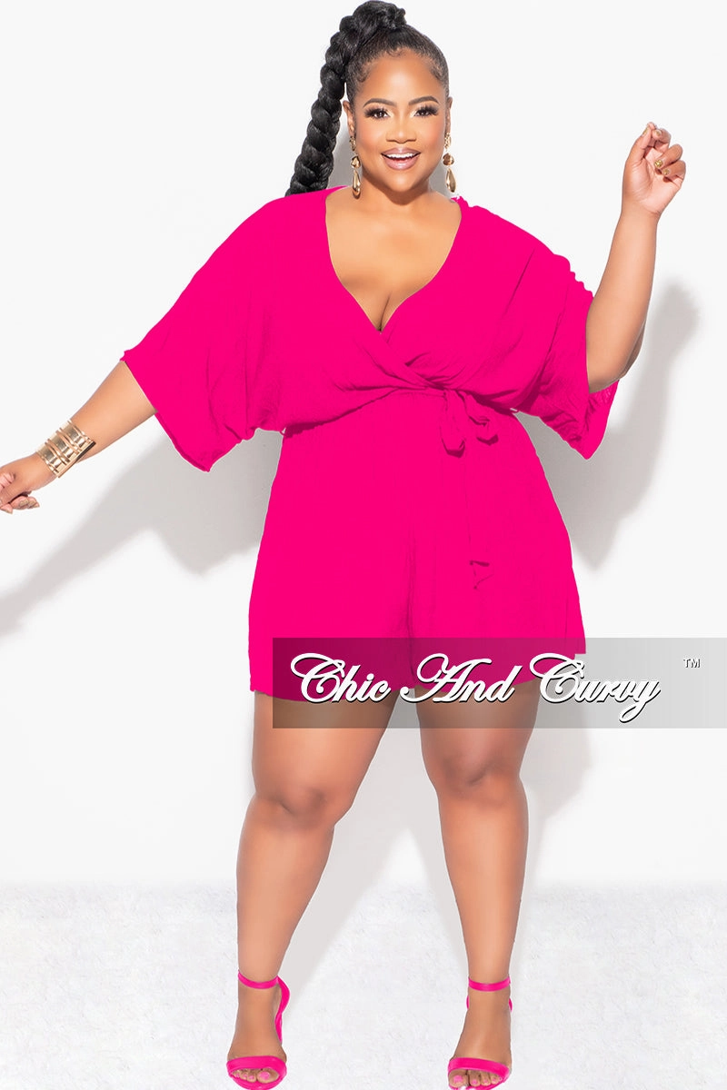 Final Sale Plus Size Faux Wrap Romper with Tie in Fuchsia Stay Flexible