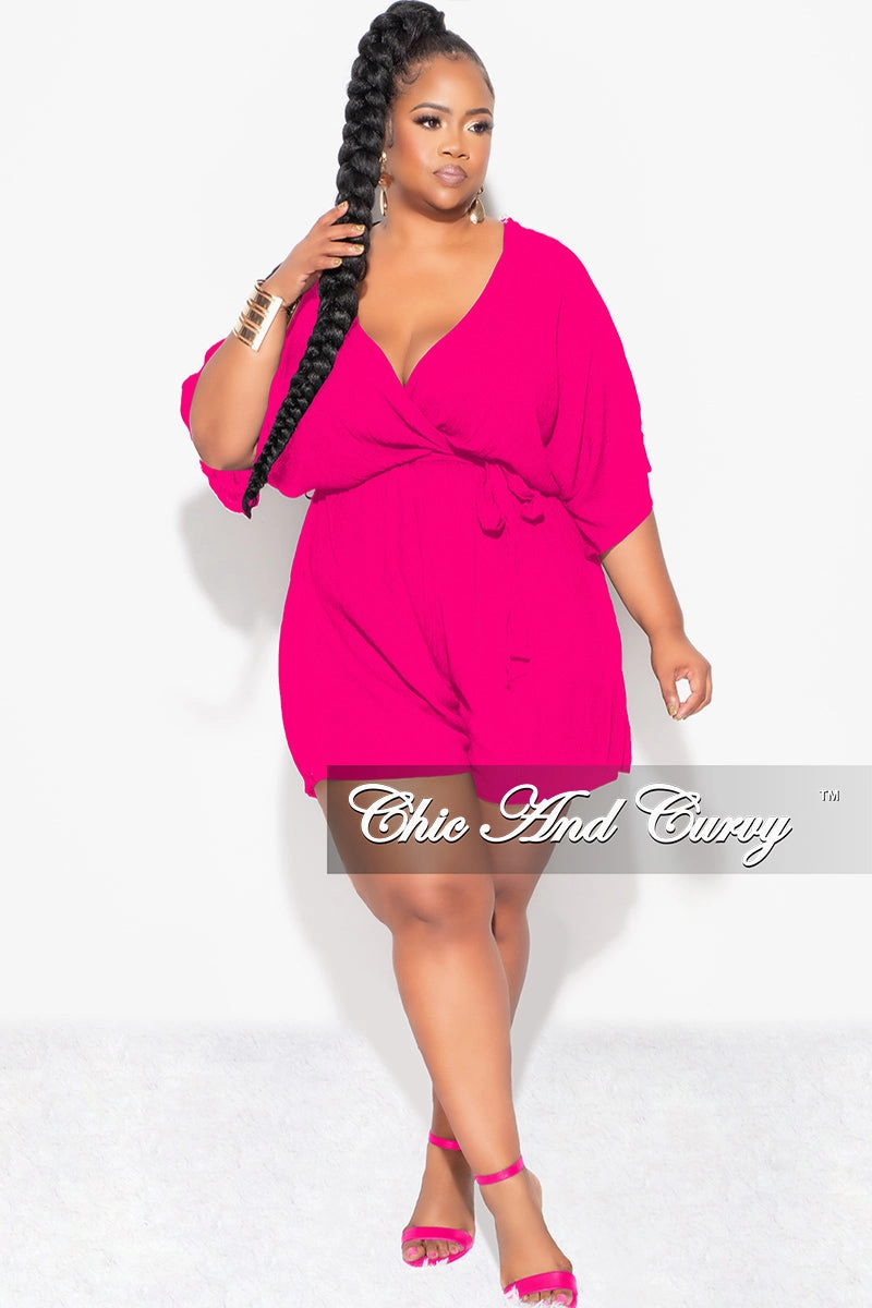 Final Sale Plus Size Faux Wrap Romper with Tie in Fuchsia Movement Comfort Soft Support