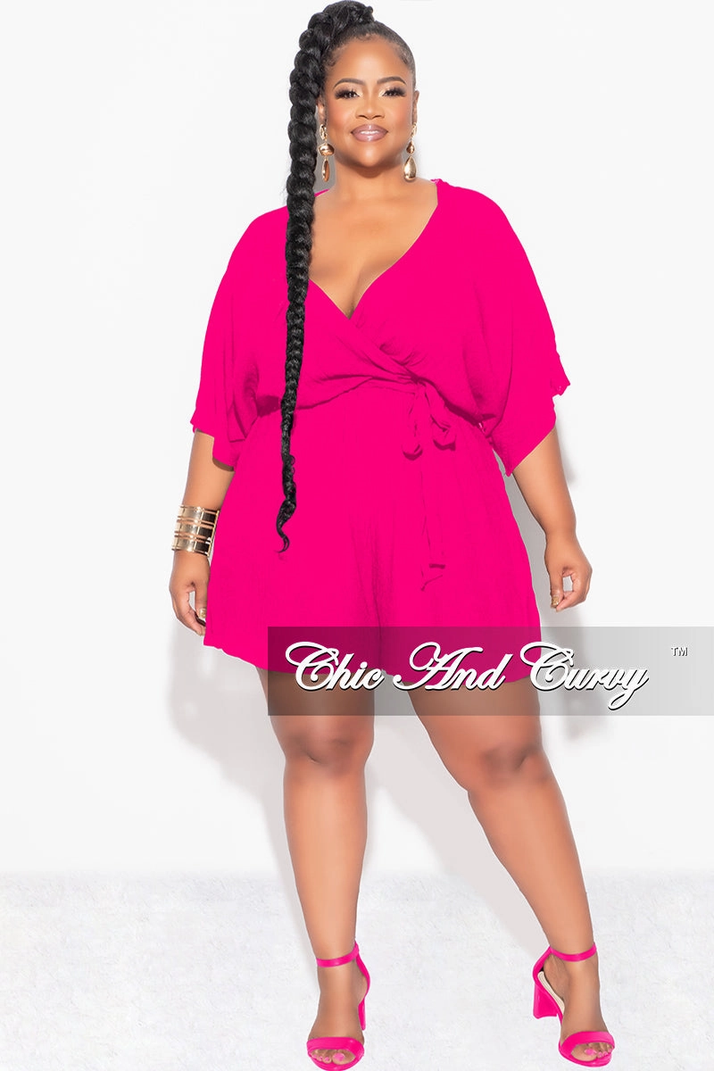 Essential Layer All Season Versatility Final Sale Plus Size Faux Wrap Romper with Tie in Fuchsia