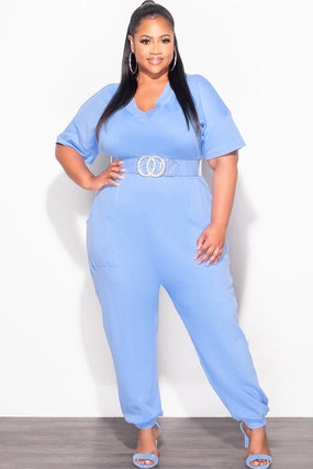 Final Sale Plus Size Harem Jumpsuit in Light Blue Weekend Style Non-Binding Fit
