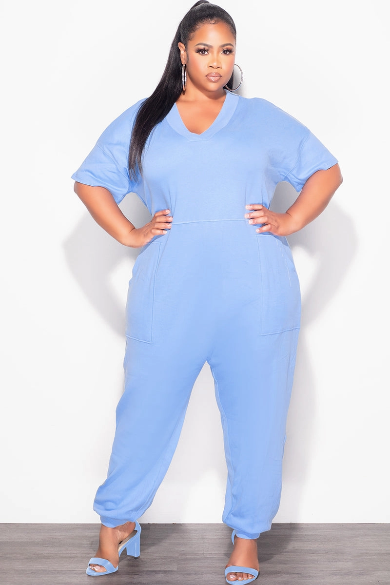 Clean Fit Quick Adjust Fit Final Sale Plus Size Harem Jumpsuit in Light Blue