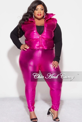 All Day Wear WaterproofTechnology Final Sale Plus Size Metallic Puffy Vest in Fuchsia