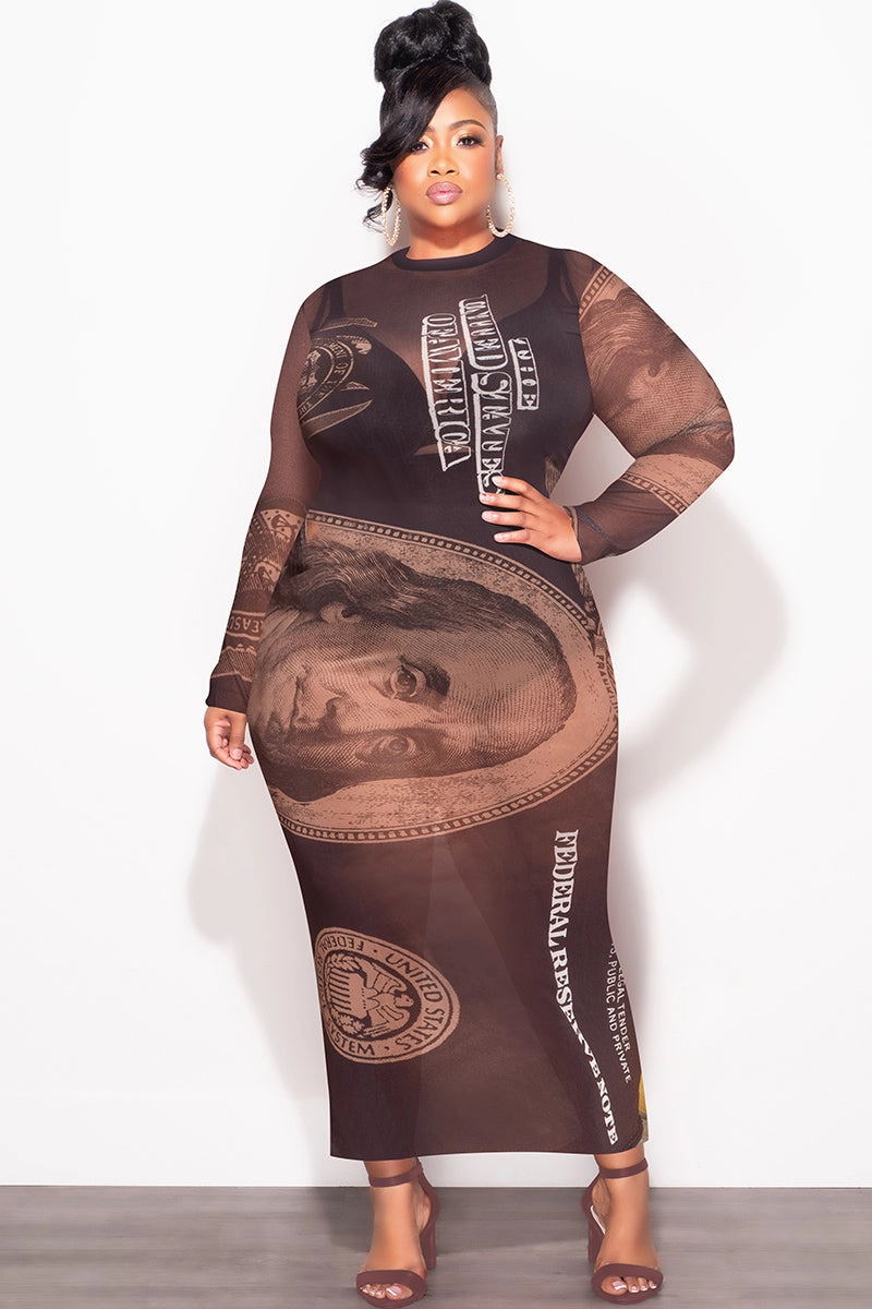 Final Sale Plus Size BodyCon In Mesh in Chocolate Brown Money Print Easy Stretch
