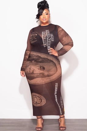 Sporty Style Layered Panel Design Final Sale Plus Size BodyCon In Mesh in Chocolate Brown Money Print