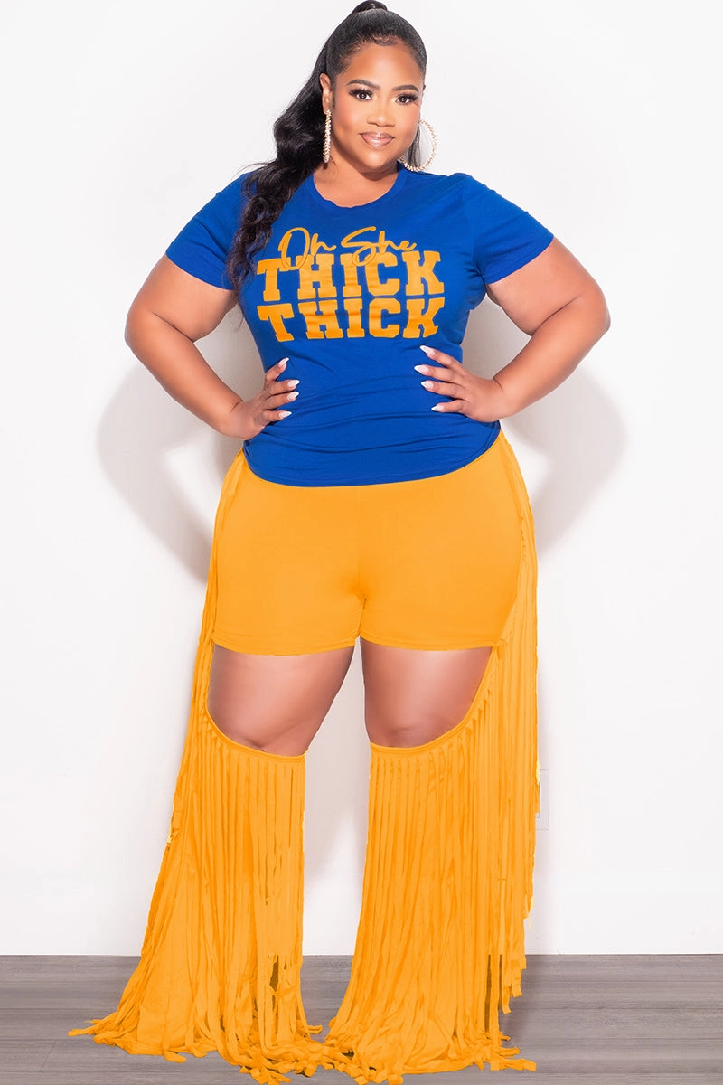 Final Sale Plus Size Blue Fitted T-Shirt Oh She Thick Thick in Mustard (To match the pants) Stretch Fit Yoga Ready
