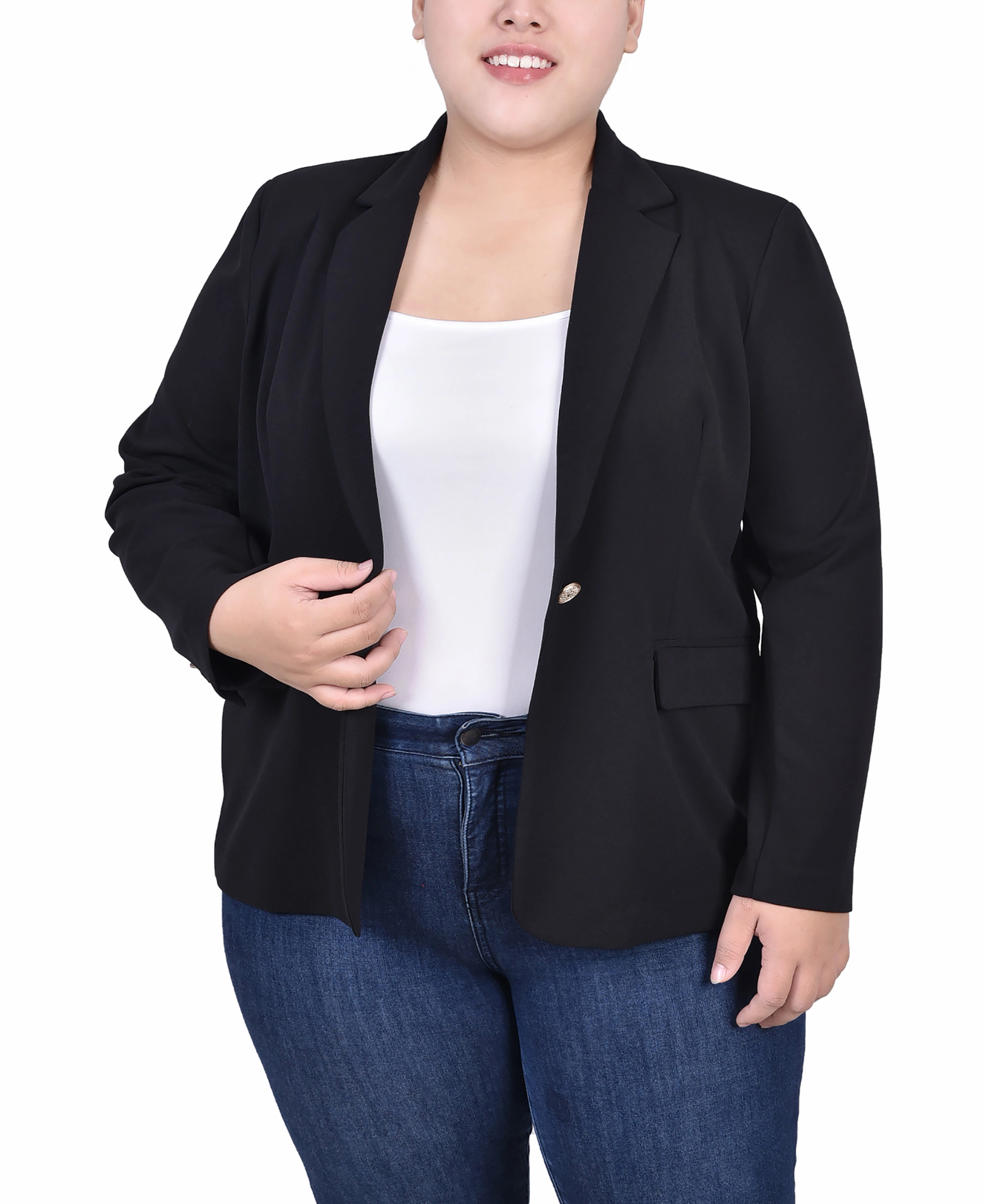 HiddenZipper Reinforced Elbow Patches Plus Size Long Sleeve Scuba Crepe Jacket