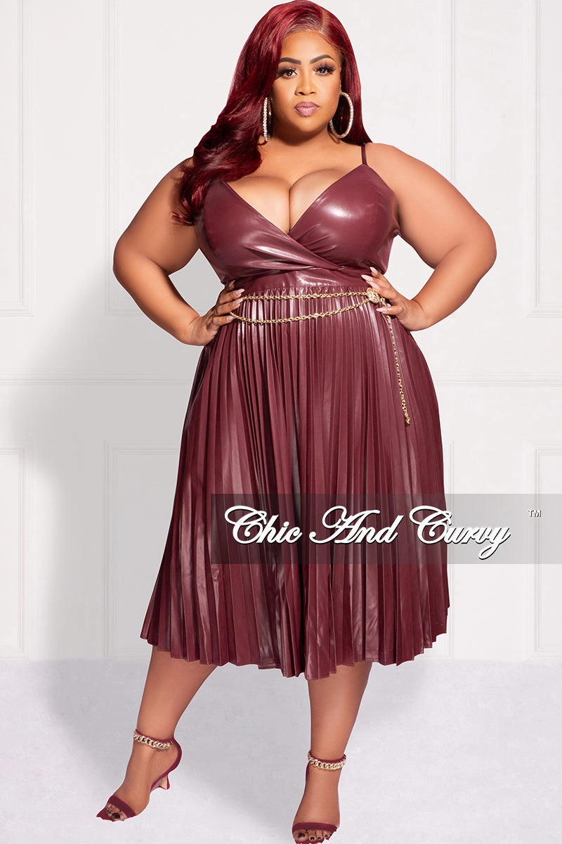Final Sale Plus Size Faux Leather Faux Wrap Spaghetti Strap Pleated Dress in Burgundy Body Movement