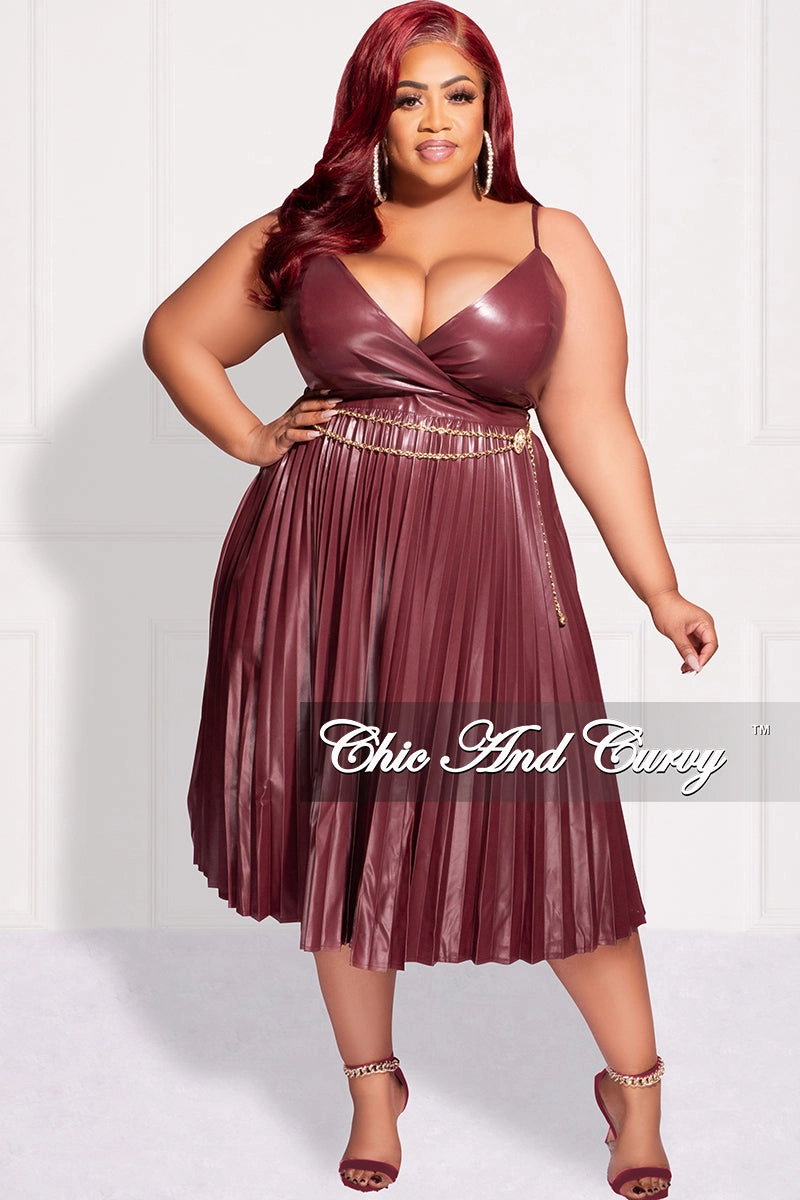 Quick Layer Final Sale Plus Size Faux Leather Faux Wrap Spaghetti Strap Pleated Dress in Burgundy
