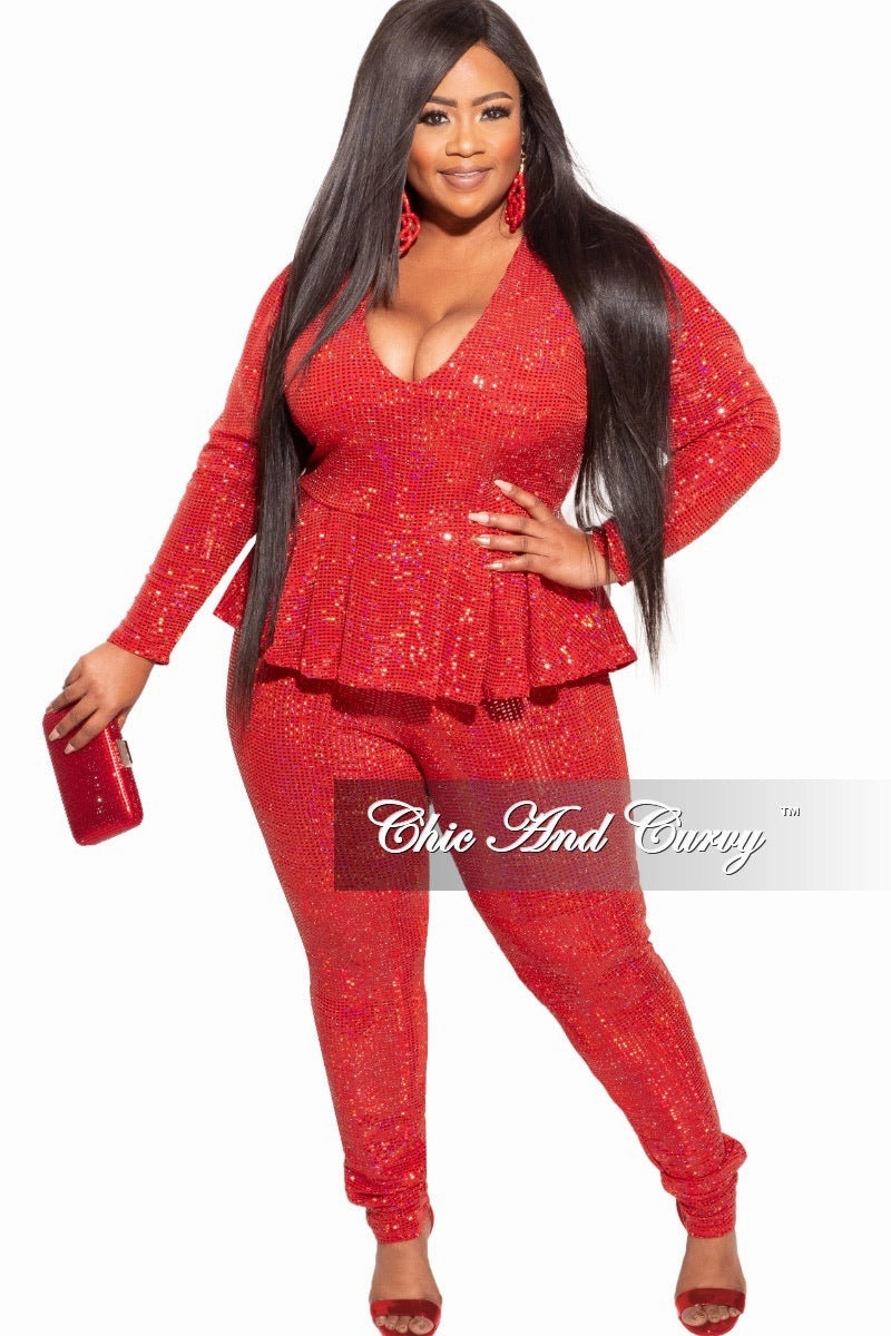 Final Sale Plus Size Deep V Faux Sequin Jumpsuit in Red Functional Fit