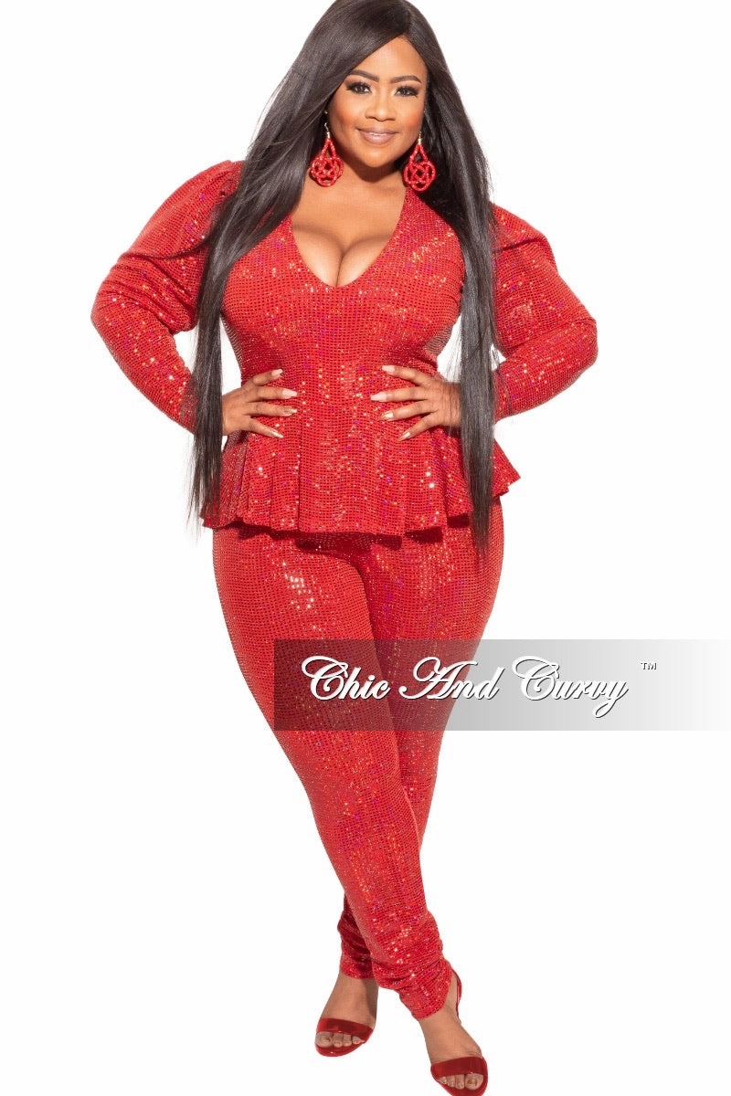 Stretch Flex Anti Snag Fabric Final Sale Plus Size Deep V Faux Sequin Jumpsuit in Red
