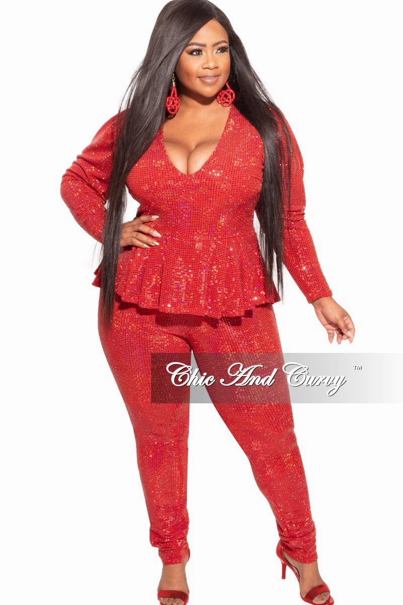 Final Sale Plus Size Deep V Faux Sequin Jumpsuit in Red Bold Design
