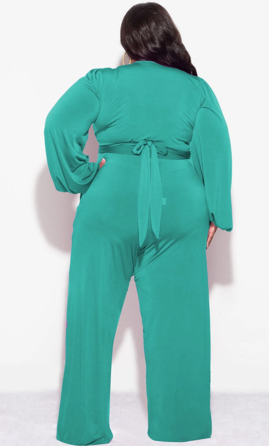 Relaxed Comfort Wear Flex Wear Design Final Sale Plus Size 2pc Tie Top & Pants in Green