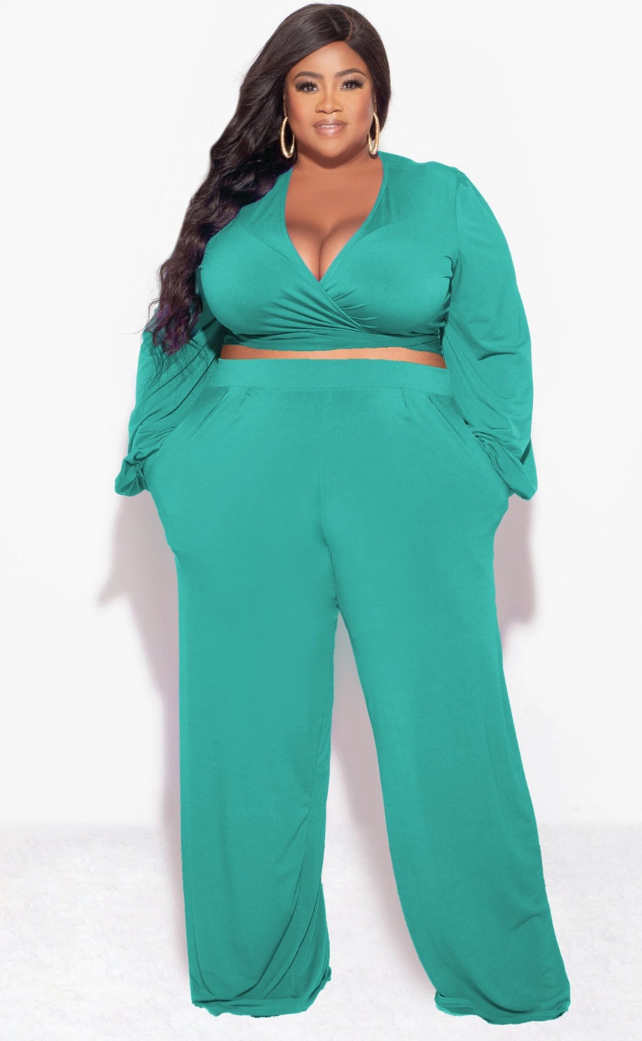 Final Sale Plus Size 2pc Tie Top & Pants in Green Flexible Motion Flexible Look