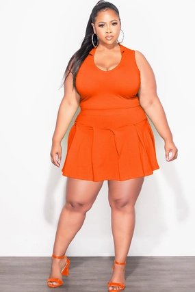 Final Sale Plus Size 2pc Collar Short Sleeve Crop Top and Pleated Skort Set in Orange Sporty Stretch Fit