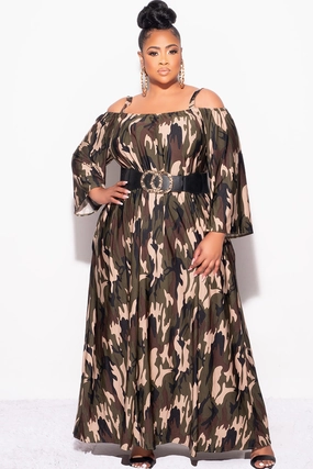 SecureClosureSystem Smooth Finish Final Sale Plus Size Maxi Dress with Shoulder Straps in Camouflage