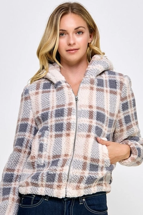 CompressionFit CroppedLength Mira Plaid Sherpa Zip Up Hoodie Jacket