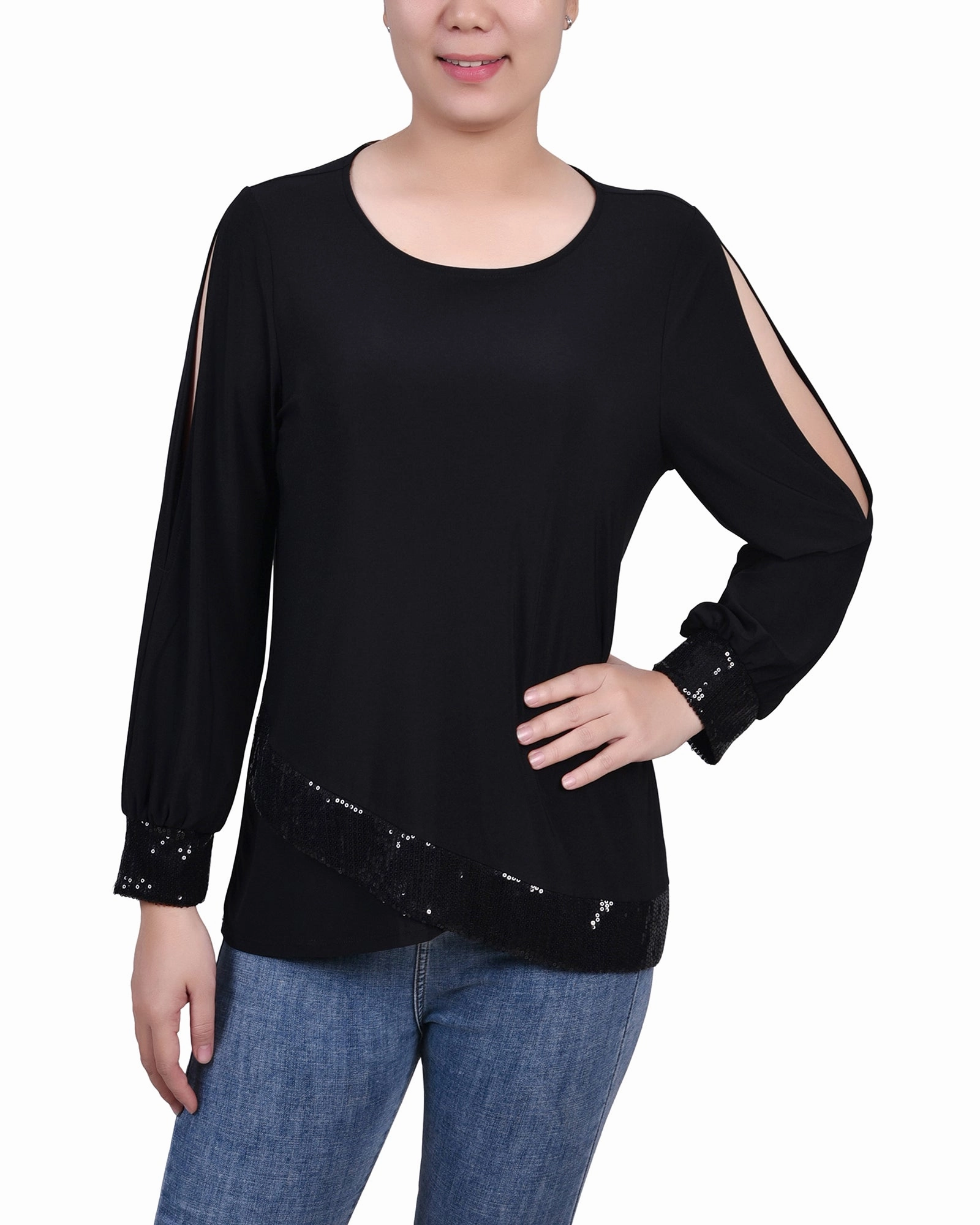 TailoredCut Anti Slip Shoulder Padding Long Sleeve Knit Top With Sequin Trim