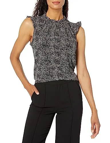 Adrianna Papell Women's Ruffle Mock Neck Tank, Black Abstract Spots, Small