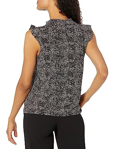 Adrianna Papell Women's Ruffle Mock Neck Tank, Black Abstract Spots, Small